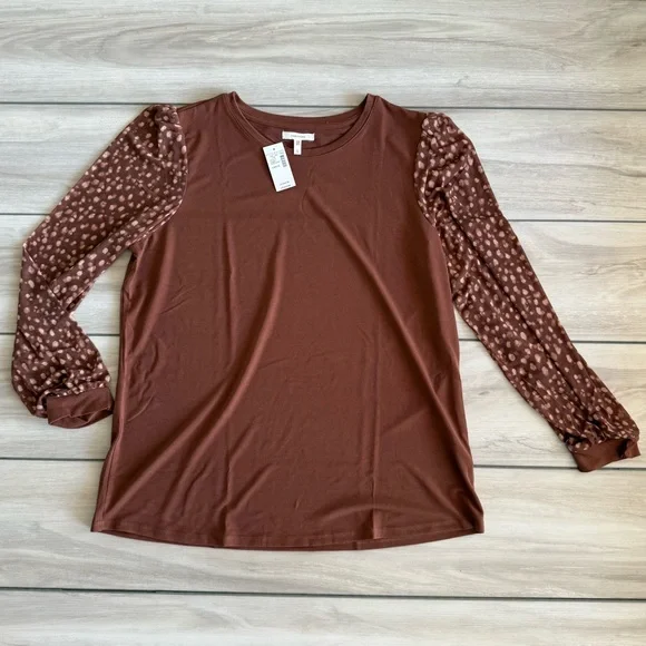 Maurices Printed Mesh Puff Sleeves Top Brown Large NWT - Picture 3 of 9